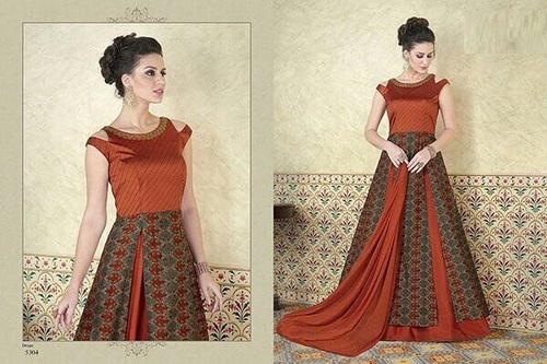 Rust Tussar Silk Designer Anarkali Suit