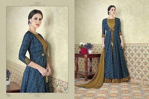 Blue & Mustard Beautiful Jacket With Print Anarkali Suit
