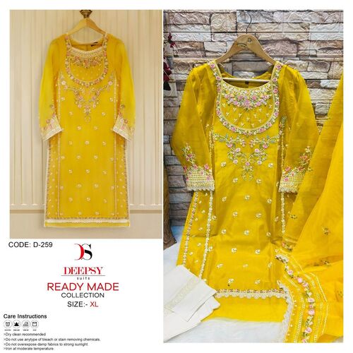 Designer Embroidered Pure Organza & Cotton Lycra Suit - XL (42), Yellow with Full Sleeves & Sequins Closure | Plus Size, Quick Dry, Cool Dry, Washable