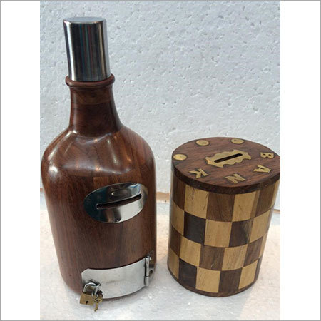 Wooden Items - Wood & Metal, Bottle 10x5 inches, Cylinder 6x4 inches, Brown | Handcrafted, Polished Finish, Durable, Secure Storage, Elegant Design