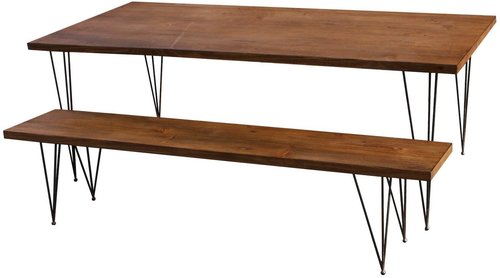 Handmade Industrial Wood Top And Hairpin Legs Dining Table And Bench Set