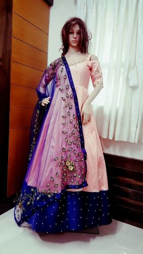 Designer Gown - Crepe Fabric, Free Size (Semi-Stitched), Beige Color, Geometric Pattern, A-Line Maxi Length, Embroidered, Occasion: Wedding, Party