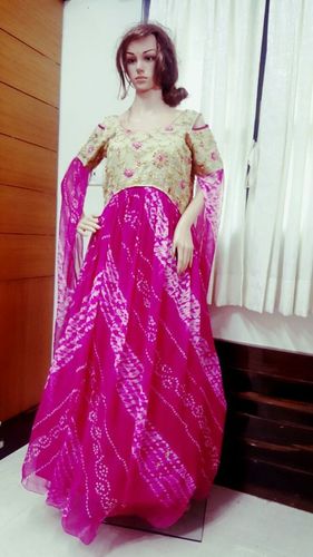 Designer Gown - Crepe Fabric, Semi-Stitched Free Size, Beige with Geometric Embroidery | Round Neck, Maxi Length, Casual and Bridal Occasions