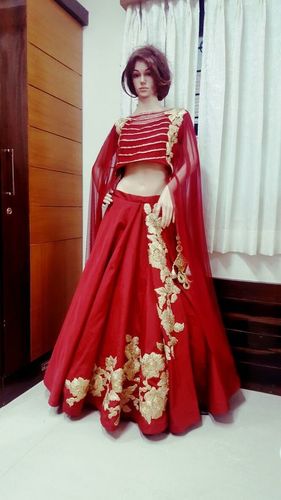 Designer Gown - Crepe, Free Size (Semi-Stitched), Beige with Geometric Embroidery | Round Neck, A-Line Style for Bridal, Casual, and Party Occasions