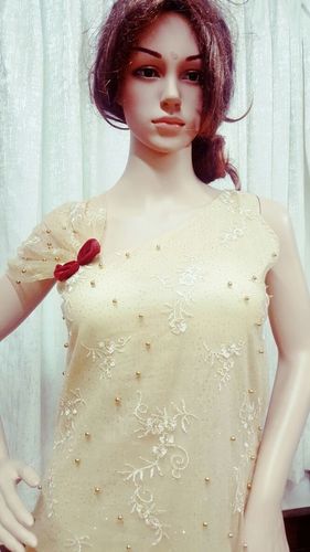 Designer Gown - Crepe Fabric, Free Size (Semi-Stitched), Beige Color, Maxi Length, Embroidered Geometric Pattern, Round Neck | Ideal for Weddings, Parties, and Festivals