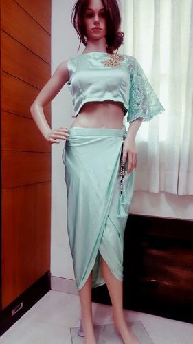 Designer Gown - Crepe Fabric, Free Size (Semi-Stitched), Beige Color with Geometric Pattern & Embroidered Round Neck, Casual & Bridal Wear
