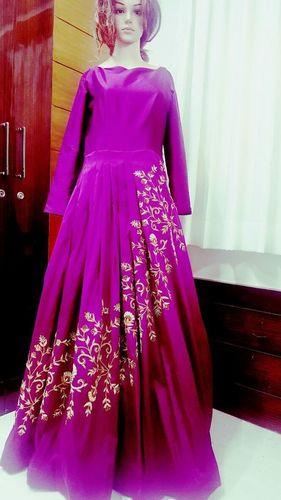 Designer Gown - Crepe Fabric, Free Size (Semi-Stitched) , Beige Color with Geometric Embroidery, Maxi Length for Bridal, Festival, or Party