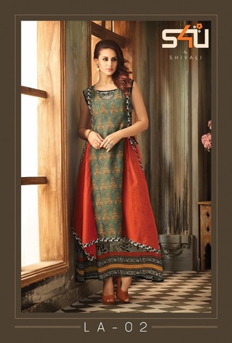 Silk Fabric Fancy Kurti - Silk, L XL, Green Orange | Elegant Design, Stylish, Comfortable, Party Wear, A-Line, 5 Pcs