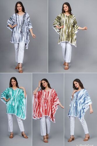 Short Printed Designer Kaftan - Heavy Rayon Slub Free Size (M to 3XL) Multi Color Tie Dye 33 Inch Length Quick Dry Washable 3-4th Sleeve Style