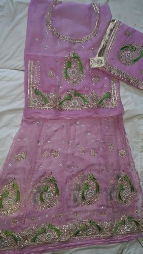 Designer Rajputi Suit - Silk Material, Sizes S/M/L, Pink and Green Color | Printed Pattern, Sleeveless Style, Quick Dry, Washable, Casual Wear