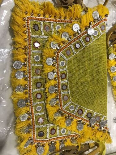 Indian Vintage Tribal Handmade Bags - Yellow and Green with Handmade Mirror Work | Customizable Color and Design, Button Closure Handle