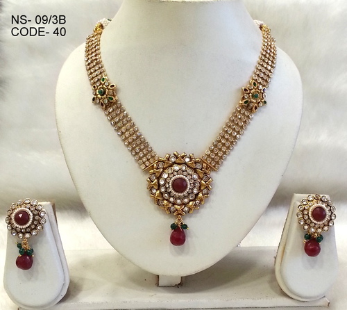 Antique Copper Alloy Necklace Set - Polished Smooth Edges, Lightweight Design, Impeccable Gemstone Setting & Matching Earrings