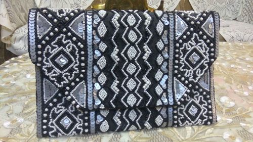 Ladies Designer Clutch - Beaded Design Black Color | Button Closure Customized Design Stylish Handle