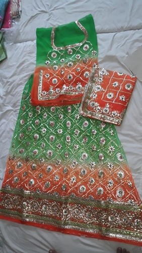 Designer Rajputi Suit - Silk Material, Sizes S/M/L, Green and Orange Color | Quick Dry, Hand Wash, Beaded Decoration, Short Sleeves