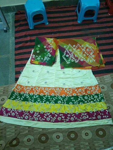 Designer Rajputi Suit - Silk Fabric, Sizes S/M/L, White and Yellow Color | Ethnic Beaded Pattern, Quick Dry, Hand Washable, Short Sleeves