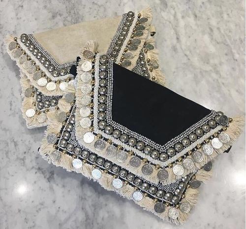 Vintage Hand Bag - Beaded Design, Cream Color | Customized Button Closure