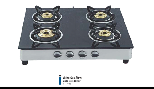 METRO 4 Burner Glass Top - Glass Top, 60x50 cm, Black | Four Burners, Easy Cleaning, Durable Design, LPG/NG