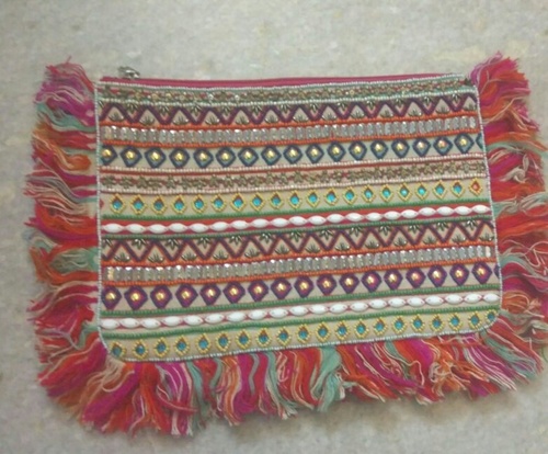 Ethnic Vintage Fringes Clutch - Multicolor Embroidered Design Zipper Top Closure Customizable Color & Design Options