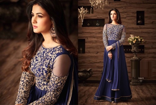 Georgette Anarkali Suit - Full Sleeves, Blue with Intricate Embroidery, Sequins & Lace Work, Santoon Inner & Bottom, Custom Size Available
