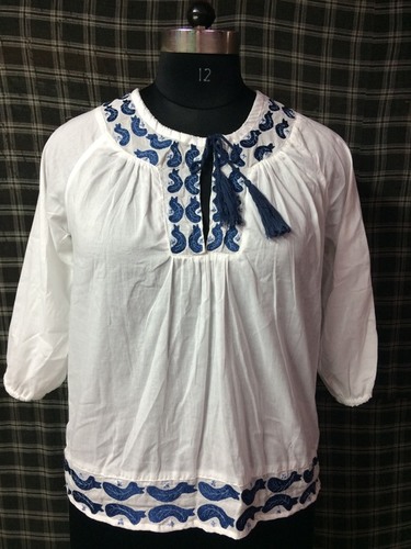 Embroidery Women Tops - 100% Cotton, Size S/M/L/XL, Ivory White | Quick Dry, Short Sleeves, Modern Ethnic Style