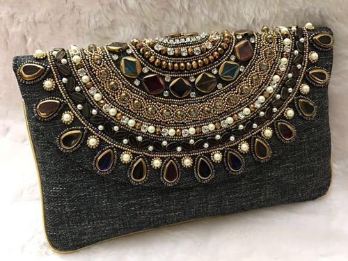 Black Fancy Stone Beaded Ladies Clutch