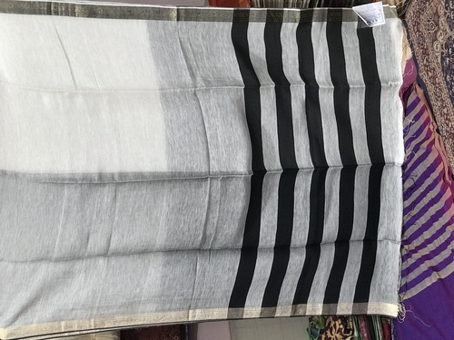 Designer Handloom Linen Saree - Imported Cotton Blend Gray and Black Woven Elegance with Zari Work and Lace Closure