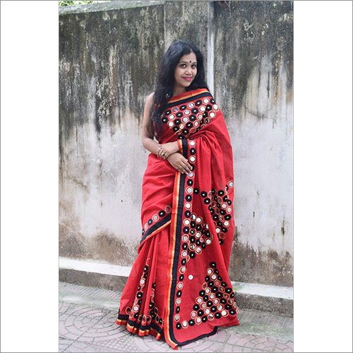 Mirror work on Cotton Saree