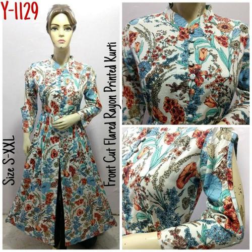 Front Cut Flared Rayon Printed Kurti - Rayon, Knee-Length, S-XXL | Floral Print, Mandarin Neck, Three Quarter Sleeves, Front Slit, Comfortable Flared Design