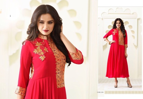 Red Designer Long Embroidered Kurtis