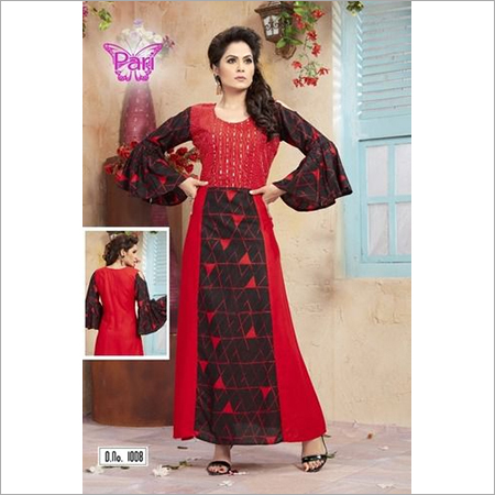 Ladies Fancy Kurti - Rayon, Customized to XXXL | Red and Black, Long Sleeve, Washable and Dry Cleanable, A-line Style for All Seasons
