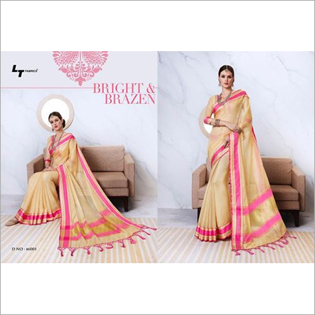 Cotton Saree - Cotton Silk Fabric Pink and Cream Laces | Plain Pattern Traditional Indian Style