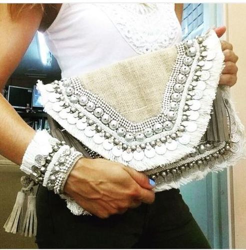 White Vintage Jute Ladies Handbag