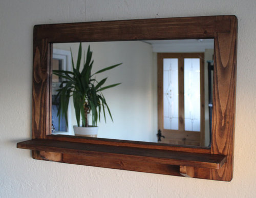 Mirror With Inbuilt Shelf - Natural Wood with Dark Danish Oil Finish | Eco-Friendly Durable Indian Style Home Furniture