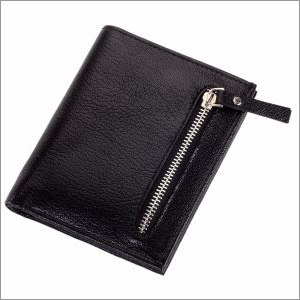 Black Genuine Leather Gents Wallet With Silver Zip