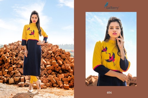 Rayon Flex And Rayon Cotton Kurti - 6 Pcs, Sizes M to XXL, Yellow | Soft Fabric, Thread Work, Comfortable Fit, Stylish Design