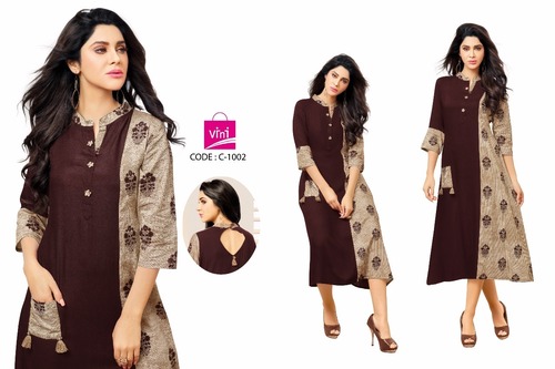 Classic Printed Kurti - Rayon Fabric, Sizes L XL, Brown Beige | Stylish Design, Comfortable Fit, Knee-Length, Three-Quarter Sleeve, Printed Style