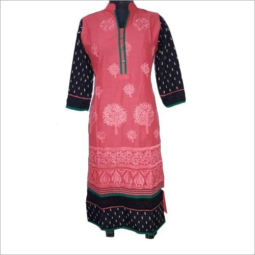 Cotton Kurti - Knee-Length, Pink with Black Sleeves | V-Neck, Three Buttons, Soft Cotton, Colorfast, Easy Wash, Shrink-resistant, Stylish Design