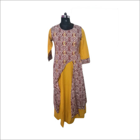Yellow Pure Cotton Printed Kurti - Knee Length, 3/4 Sleeves, Regular Fit | Lightweight, Skin-Friendly, Perfect for Special Occasions