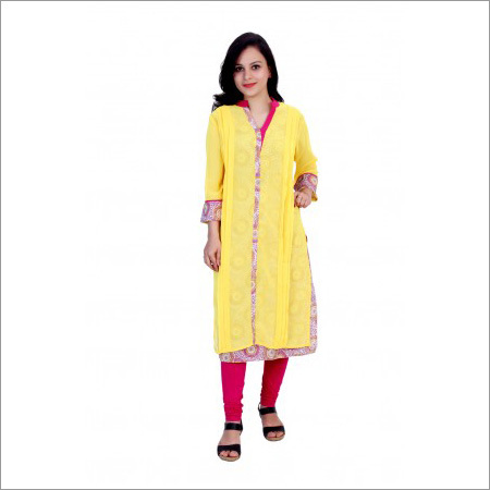 Cotton & Rayon Yellow Georgette Kurti