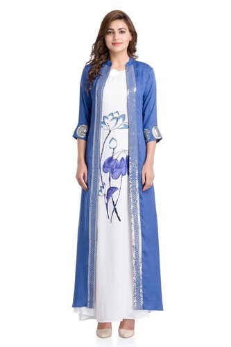 Sequine Long Kurti - Cotton & Rayon Blend, 3/4 Sleeves, Block Print Design, Eye-Catching Blue Finish