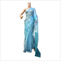 Kota Shibori Saree - Cotton Silk Blend, 5.5 Meters, Light Blue | Hand Block Printed, Square Patterns, Colorfast, Elegant Drape, Wrinkle-free