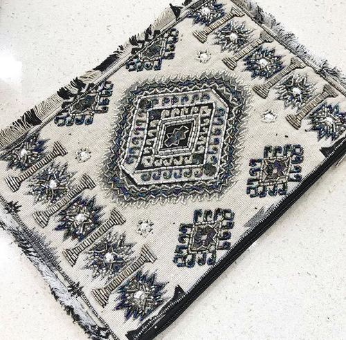 Black And Cream Fancy Beaded Jute Clutch