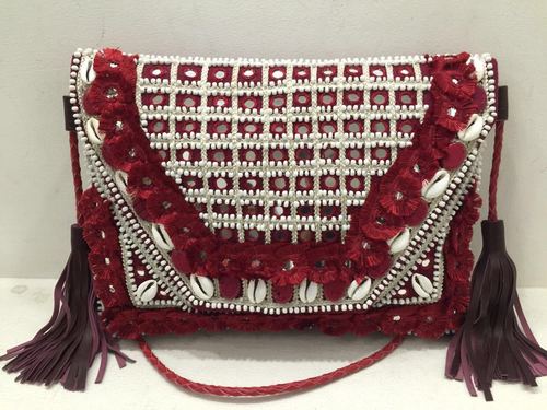 Red And Cream Mirror Work Embroidery Bag