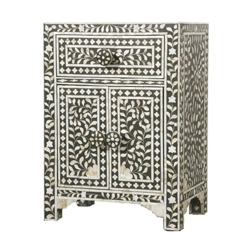 Indian Handmade Floral Design Mother Of Pearl 1 Drawer And Door Bedside Cabinet