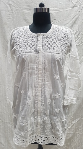 Ladies Cotton White Embroidery Kurti