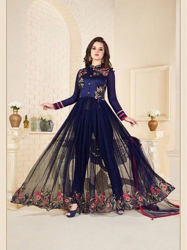 Salwar Kameez - Silk Fabric, Customized Size, Blue Color with 2.5m Net Dupatta | Embroidered Anarkali Design, Breathable, Long Sleeves, Dry Clean Only