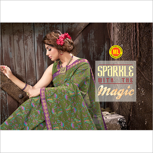 Cotton Silk Saree - Green Printed Design | Lace Closure No Warranty