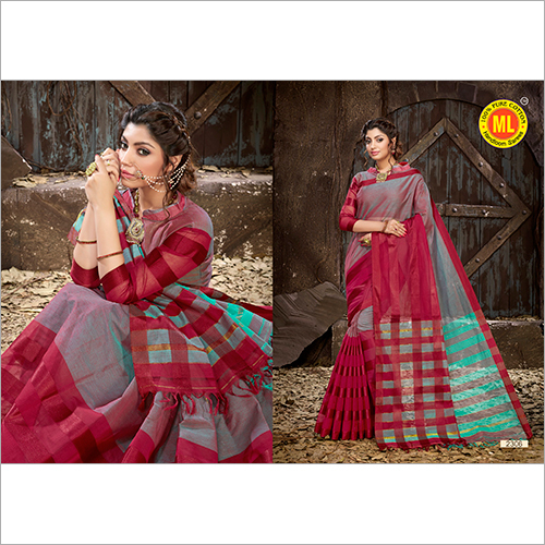 Printed Cotton Silk Saree - Laced Closure, Red Color, Floral Printed Design