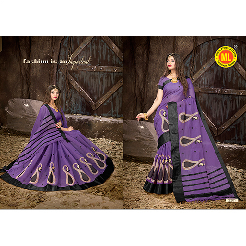 Printed Purple Cotton Saree