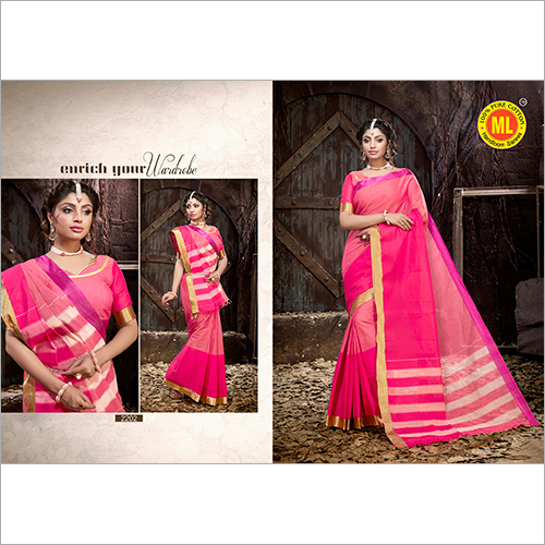 Plain Pink Printed Cotton Saree